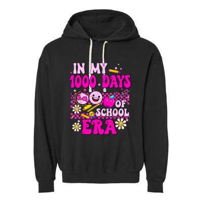 Retro Groovy In My 1000 Days Of School Era 1000 Days Smarter Garment-Dyed Fleece Hoodie