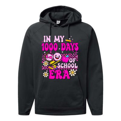 Retro Groovy In My 1000 Days Of School Era 1000 Days Smarter Performance Fleece Hoodie