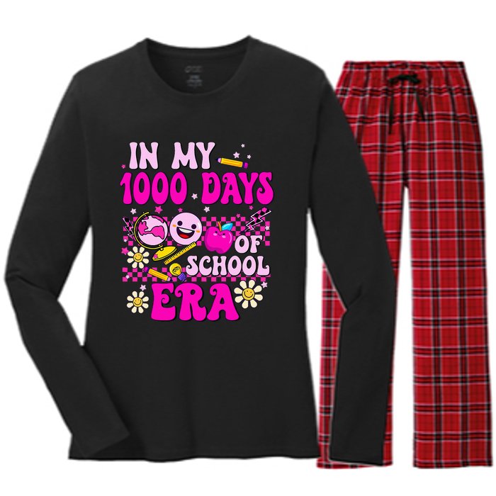 Retro Groovy In My 1000 Days Of School Era 1000 Days Smarter Women's Long Sleeve Flannel Pajama Set 