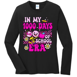 Retro Groovy In My 1000 Days Of School Era 1000 Days Smarter Ladies Long Sleeve Shirt