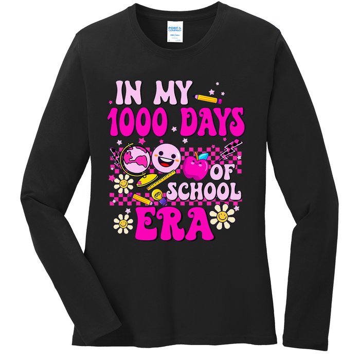 Retro Groovy In My 1000 Days Of School Era 1000 Days Smarter Ladies Long Sleeve Shirt