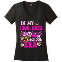 Retro Groovy In My 1000 Days Of School Era 1000 Days Smarter Women's V-Neck T-Shirt