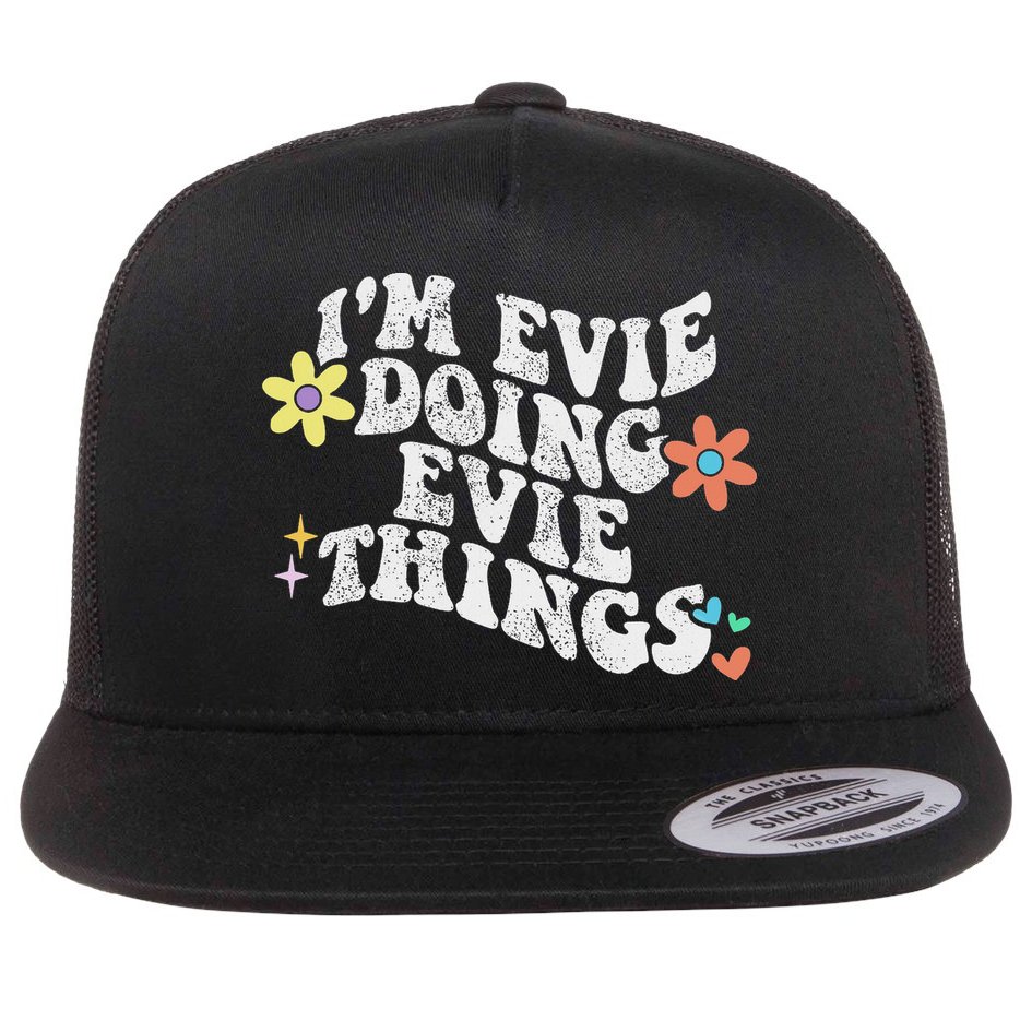 Retro Groovy Im Evie Doing Evie Things Funny Mother's Day Flat Bill Trucker Hat