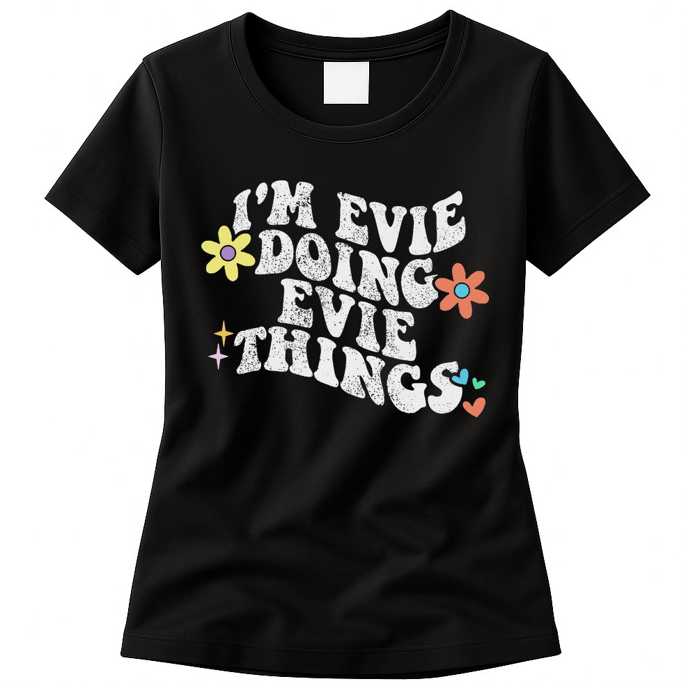 Retro Groovy Im Evie Doing Evie Things Funny Mother's Day Womens T-Shirt