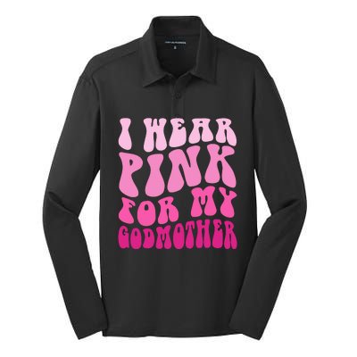 Retro Groovy I Wear Pink For My Godmother Breast Cancer Awareness Silk Touch Performance Long Sleeve Polo