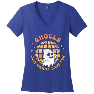 Retro Ghouls Just Wanna Have Fun Groovy Ghost Halloween Gift Women's V-Neck T-Shirt