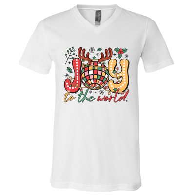 Retro Groovy Joy To The World Disco Ball Doodle Dots V-Neck T-Shirt