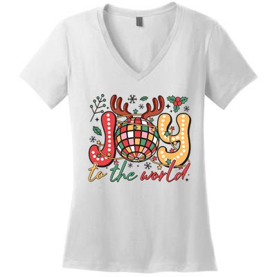 Retro Groovy Joy To The World Disco Ball Doodle Dots Women's V-Neck T-Shirt