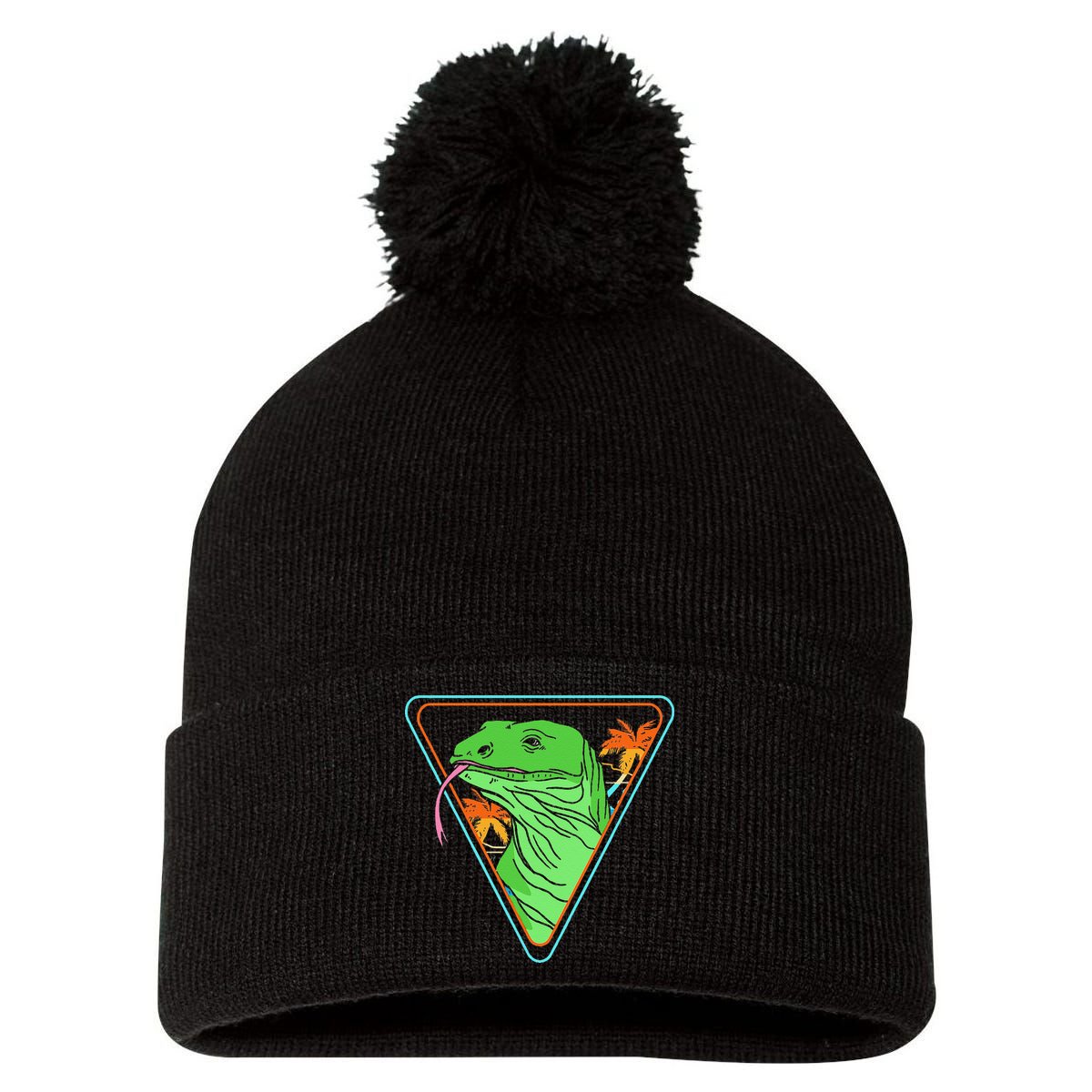 Retro Geometric Komodo Monitor Lizard Lover Komodo Dragon Pom Pom 12in Knit Beanie