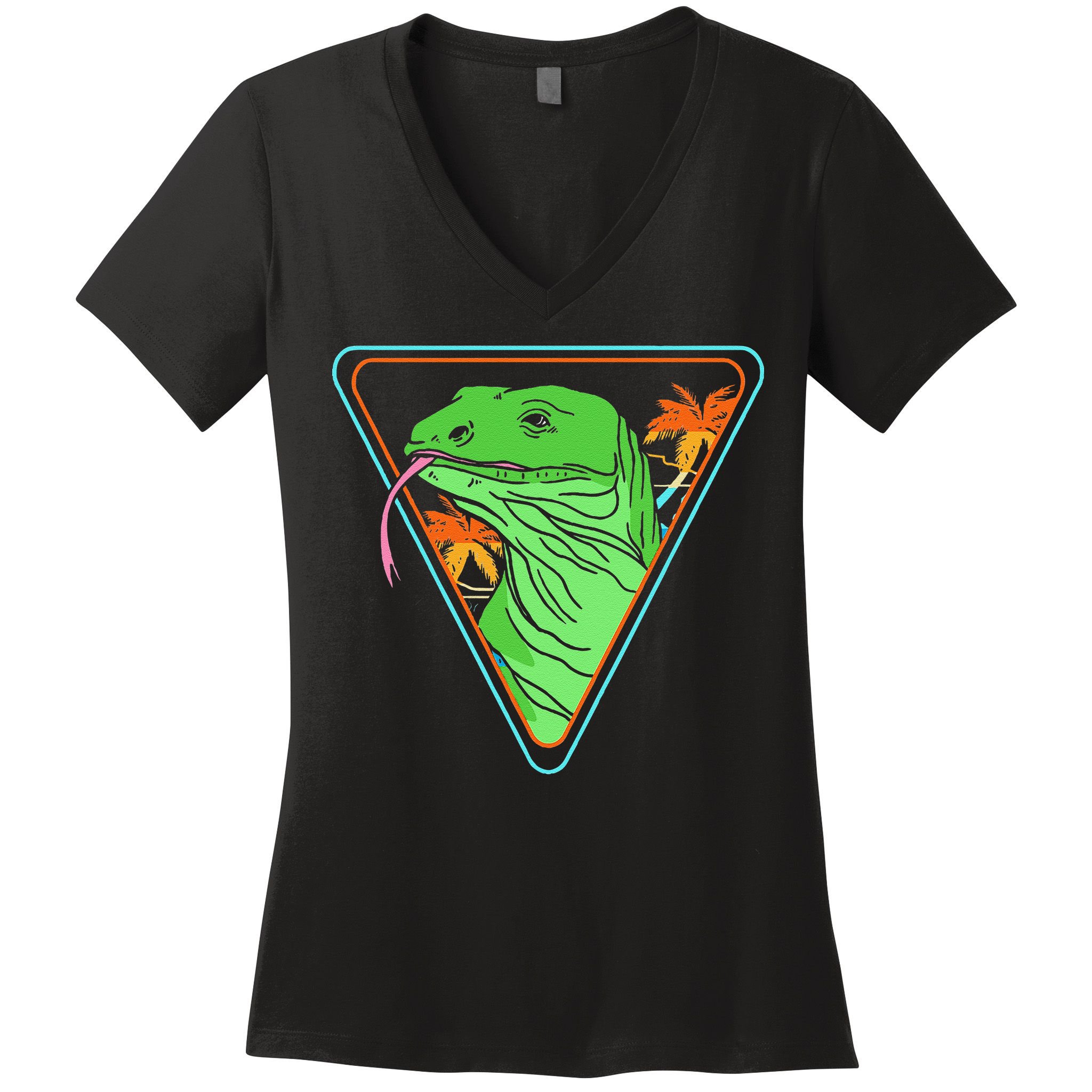 Retro Geometric Komodo Monitor Lizard Lover Komodo Dragon Women's V-Neck T-Shirt