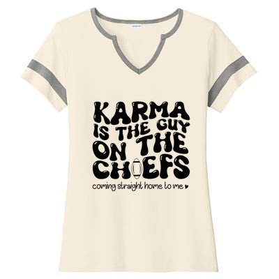 Retro Groovy Karma Is the Guy on the Chief  Ladies Halftime Notch Neck Tee