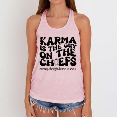 Retro Groovy Karma Is the Guy on the Chief  Women's Knotted Racerback Tank