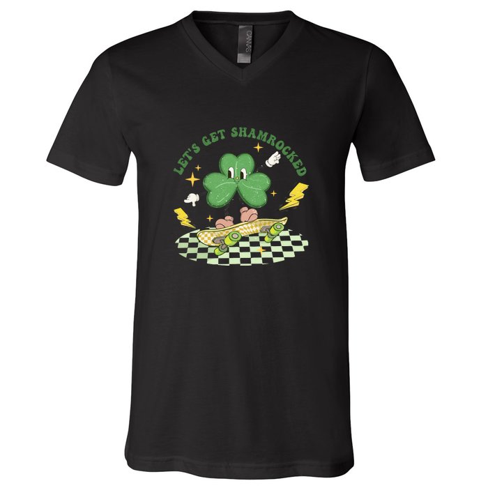 Retro Groovy Let's Get Shamrocked Lucky St Patrick Day Cute Clover V-Neck T-Shirt