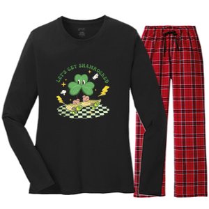 Retro Groovy Let's Get Shamrocked Lucky St Patrick Day Cute Clover Women's Long Sleeve Flannel Pajama Set 