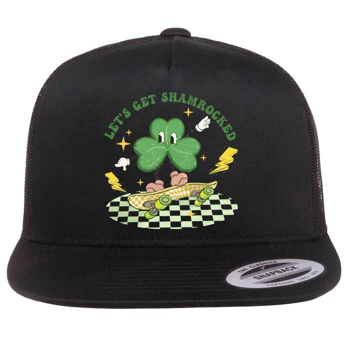 Retro Groovy Let's Get Shamrocked Lucky St Patrick Day Cute Clover Flat Bill Trucker Hat