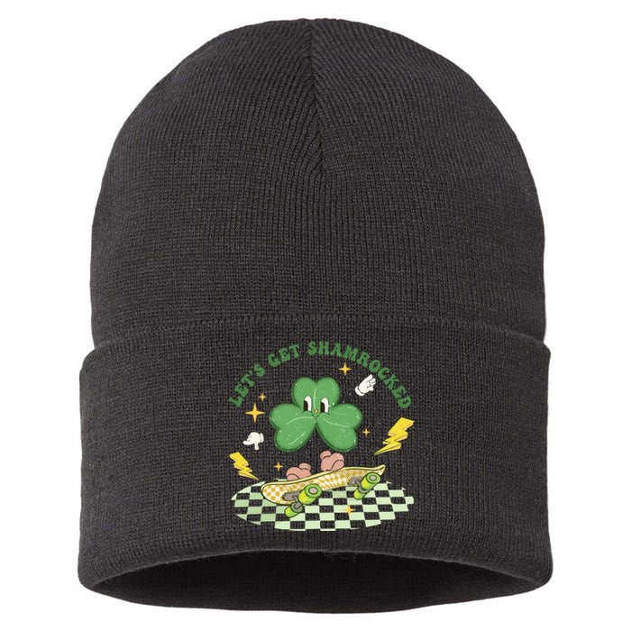 Retro Groovy Let's Get Shamrocked Lucky St Patrick Day Cute Clover Sustainable Knit Beanie