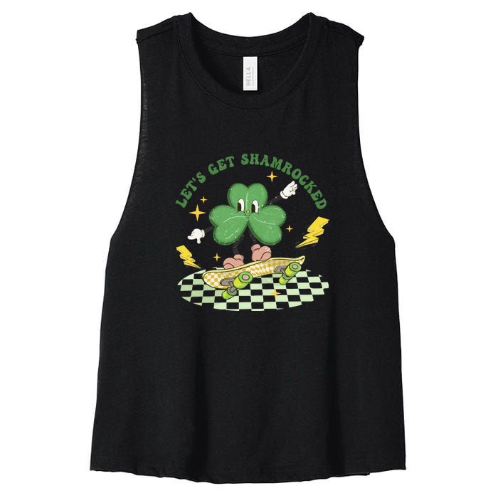 Retro Groovy Let's Get Shamrocked Lucky St Patrick Day Cute Clover Women's Racerback Cropped Tank