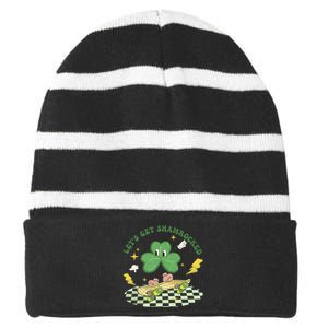 Retro Groovy Let's Get Shamrocked Lucky St Patrick Day Cute Clover Striped Beanie with Solid Band