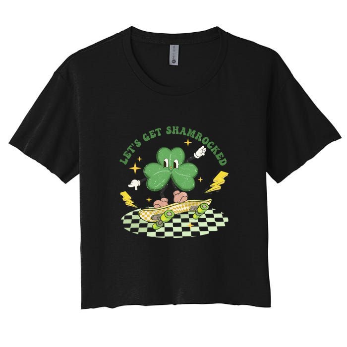 Retro Groovy Let's Get Shamrocked Lucky St Patrick Day Cute Clover Women's Crop Top Tee