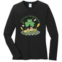 Retro Groovy Let's Get Shamrocked Lucky St Patrick Day Cute Clover Ladies Long Sleeve Shirt