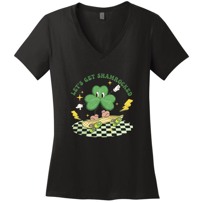 Retro Groovy Let's Get Shamrocked Lucky St Patrick Day Cute Clover Women's V-Neck T-Shirt