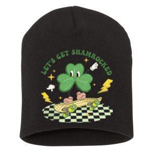 Retro Groovy Let's Get Shamrocked Lucky St Patrick Day Cute Clover Short Acrylic Beanie