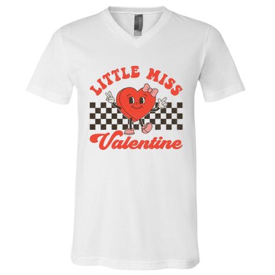 Retro Groovy Little Miss Valentine Love Vibes V-Neck T-Shirt