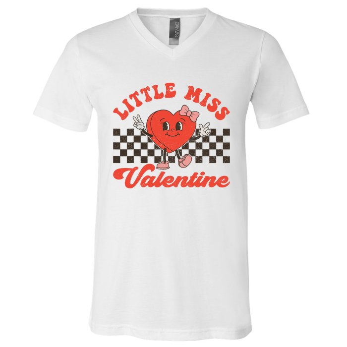 Retro Groovy Little Miss Valentine Love Vibes V-Neck T-Shirt