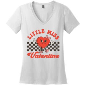 Retro Groovy Little Miss Valentine Love Vibes Women's V-Neck T-Shirt