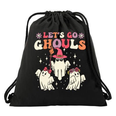 Retro Groovy Let's Go Ghouls Halloween Ghost Outfit Costume Drawstring Bag