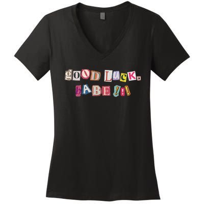 Retro Good Luck Babe Pin.K Cow Women's V-Neck T-Shirt