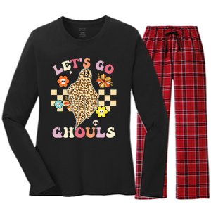 Retro Groovy Lets Go Ghouls Halloween Leopard Ghost Costume Women's Long Sleeve Flannel Pajama Set 