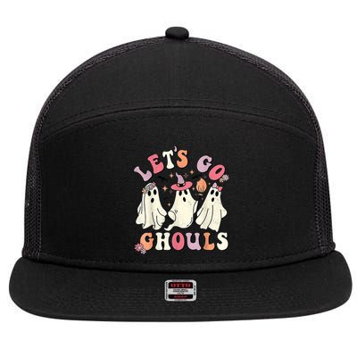 Retro Groovy Let's Go Ghouls Halloween Ghost Outfit Costume Cute Gift 7 Panel Mesh Trucker Snapback Hat