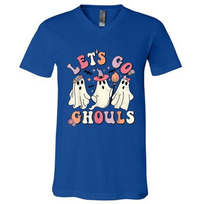 Retro Groovy Let's Go Ghouls Halloween Ghost Outfit Costume Gift V-Neck T-Shirt