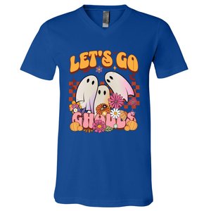 Retro Groovy Lets Go Ghouls Halloween Ghost Costumes Funny Gift Cool Gift V-Neck T-Shirt