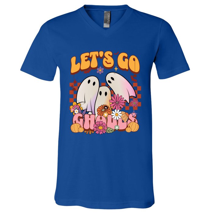 Retro Groovy Lets Go Ghouls Halloween Ghost Costumes Funny Gift Cool Gift V-Neck T-Shirt