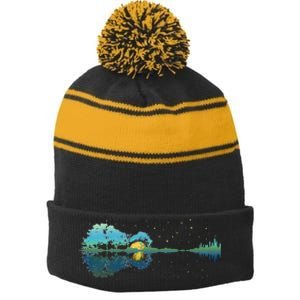 retro Guitar Lake Reflections Night Sky and Moon Stripe Pom Pom Beanie