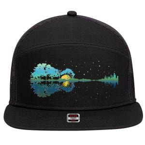 retro Guitar Lake Reflections Night Sky and Moon 7 Panel Mesh Trucker Snapback Hat