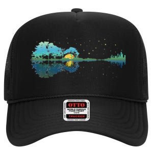 retro Guitar Lake Reflections Night Sky and Moon High Crown Mesh Back Trucker Hat