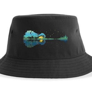 retro Guitar Lake Reflections Night Sky and Moon Sustainable Bucket Hat