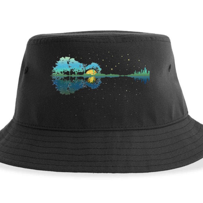 retro Guitar Lake Reflections Night Sky and Moon Sustainable Bucket Hat