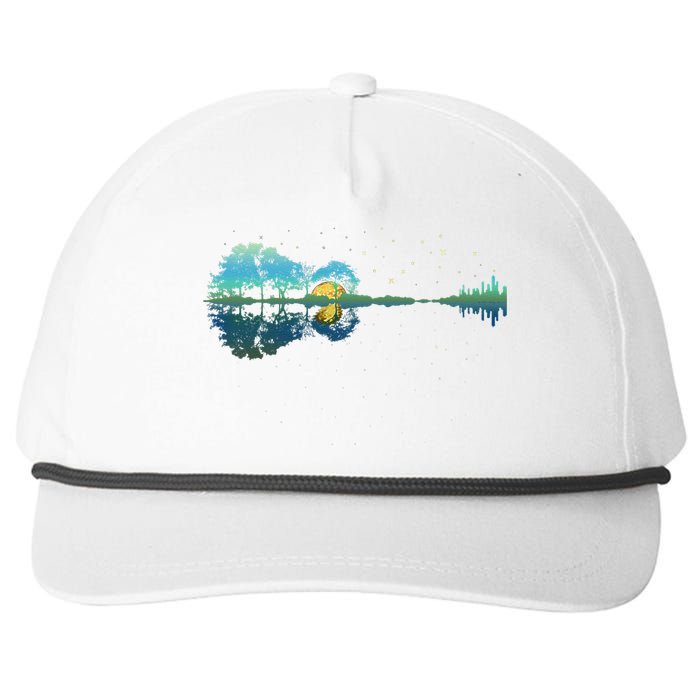 retro Guitar Lake Reflections Night Sky and Moon Snapback Five-Panel Rope Hat