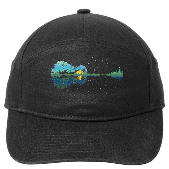 retro Guitar Lake Reflections Night Sky and Moon 7-Panel Snapback Hat