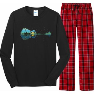 retro Guitar Lake Reflections Night Sky and Moon Long Sleeve Pajama Set