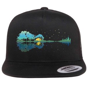 retro Guitar Lake Reflections Night Sky and Moon Flat Bill Trucker Hat