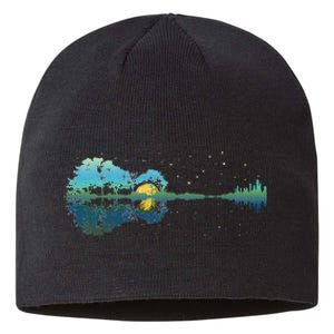 retro Guitar Lake Reflections Night Sky and Moon Sustainable Beanie