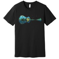 retro Guitar Lake Reflections Night Sky and Moon Premium T-Shirt