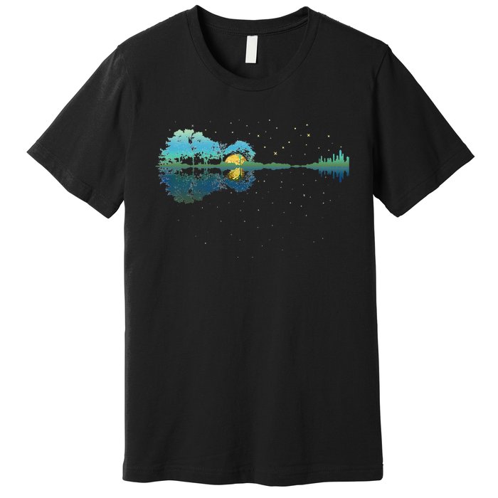 retro Guitar Lake Reflections Night Sky and Moon Premium T-Shirt