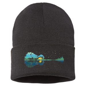 retro Guitar Lake Reflections Night Sky and Moon Sustainable Knit Beanie