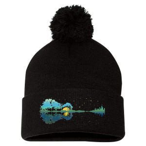 retro Guitar Lake Reflections Night Sky and Moon Pom Pom 12in Knit Beanie